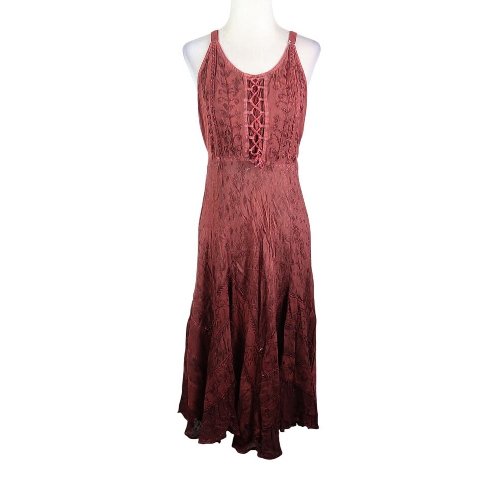 Vintage 90s My Choice Burgundy Red Embroidered Ren Faire Midi Dress XL